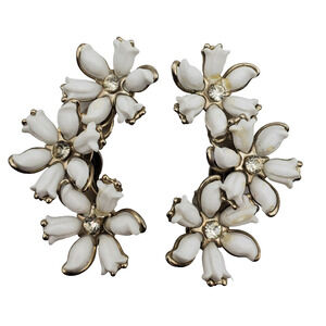 White Flower Clip Earrings Ear Climbers Rhinestones Lucite Petal 60s Mid Century